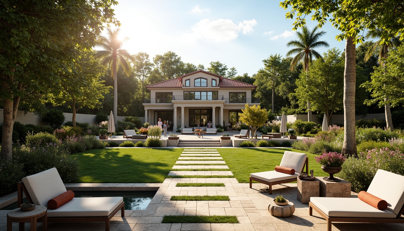 Prompt: Luxurious villa, serene garden, manicured lawn, ornate fountains, tranquil water features, elegant stone pathways, refined metal railings, sophisticated outdoor furniture, plush cushions, vibrant flower arrangements, luscious greenery, majestic trees, warm sunny day, soft golden lighting, shallow depth of field, 3/4 composition, panoramic view, realistic textures, ambient occlusion.