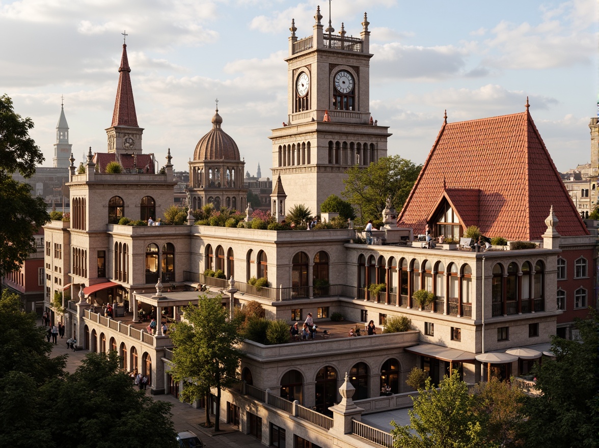 Prompt: Ornate rooftop terraces, majestic Gothic Revival rooflines, intricately carved stone facades, grand clock towers, vibrant marketplaces, bustling streetscapes, ornamental lamp posts, rustic wooden beams, aged brick exteriors, asymmetrical compositions, warm golden lighting, shallow depth of field, 1/1 composition, realistic textures, ambient occlusion.