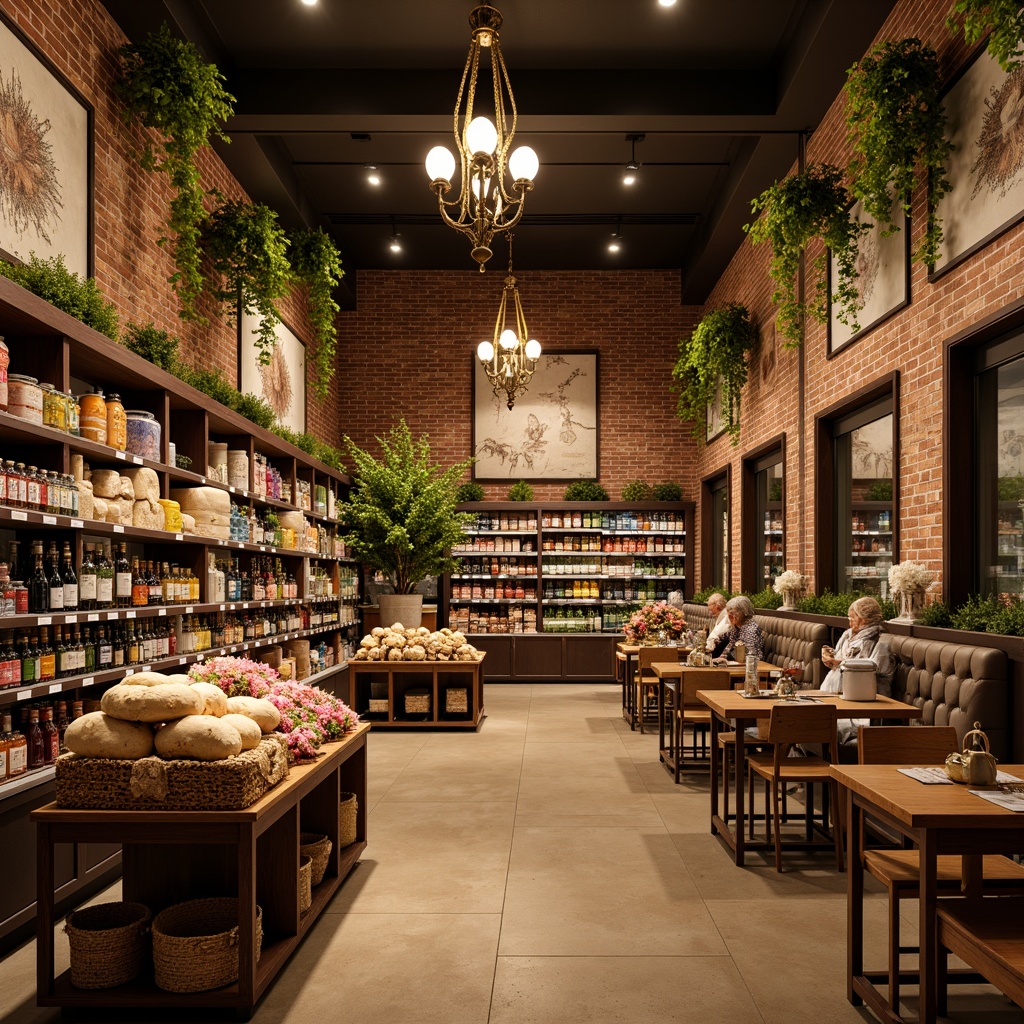 Prompt: Cozy grocery store interior, warm wooden shelves, vintage metal lanterns, distressed brick walls, ornate mirrors, elegant chandeliers, lush greenery, soft candlelight, comfortable seating areas, rustic wooden tables, woven baskets, floral patterns, pastel color palette, delicate glass displays, antique furnishings, intimate aisle layout, warm beige floors, aromatic scents, 1/1 composition, softbox lighting, realistic textures, ambient occlusion.