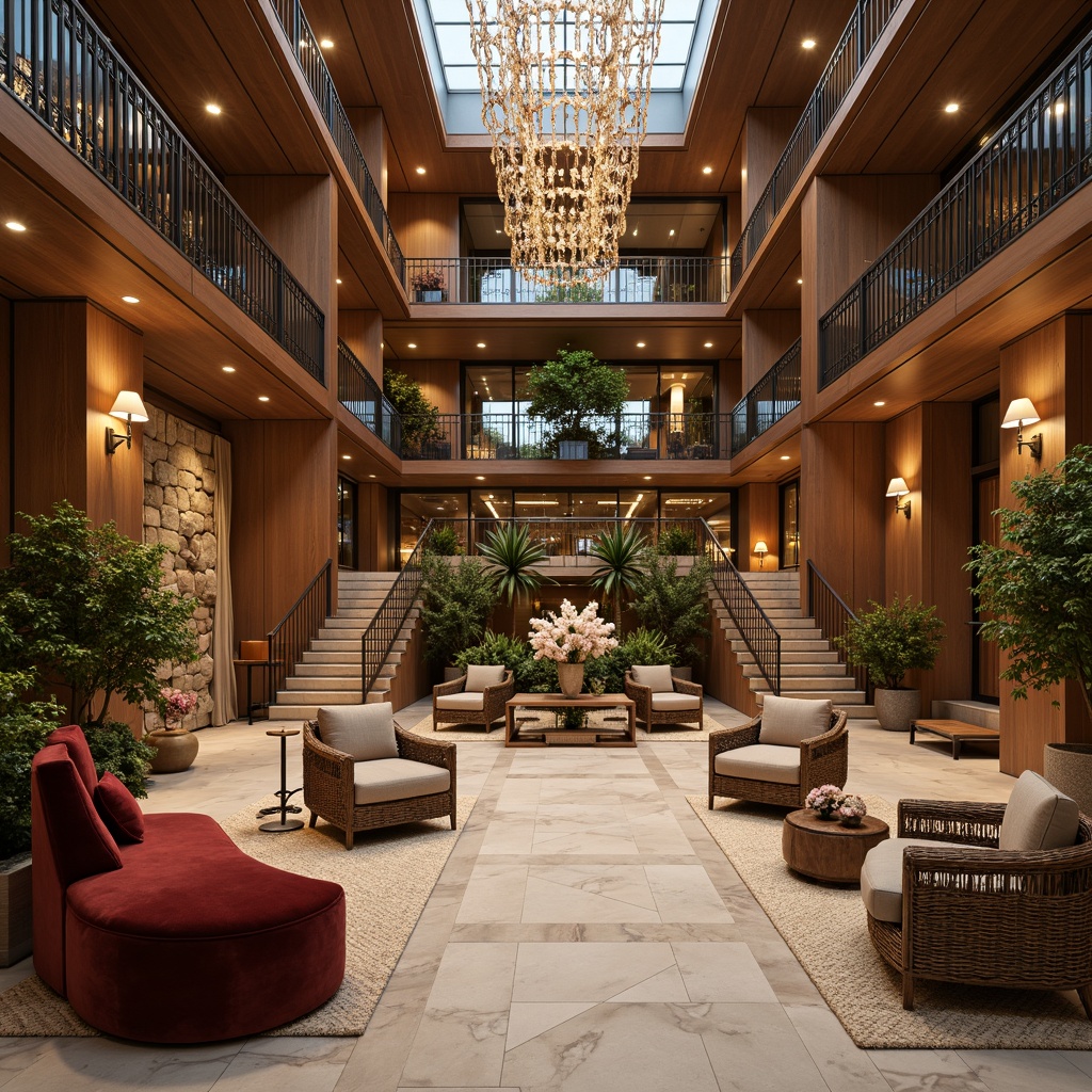 Prompt: Luxurious hotel lobby, rich wood paneling, polished marble floors, plush velvet sofas, ornate metalwork, crystal chandeliers, lavish drapery, warm ambient lighting, inviting aroma, natural stone walls, reclaimed wood accents, woven rattan furniture, soft leather upholstery, metallic finishes, reflective glass surfaces, opulent furnishings, grand staircase, spacious atrium, abundant greenery, vibrant floral arrangements, warm beige tones, cozy nooks, intimate seating areas, dramatic ceiling heights, sophisticated color palette, 1/2 composition, shallow depth of field, realistic textures.