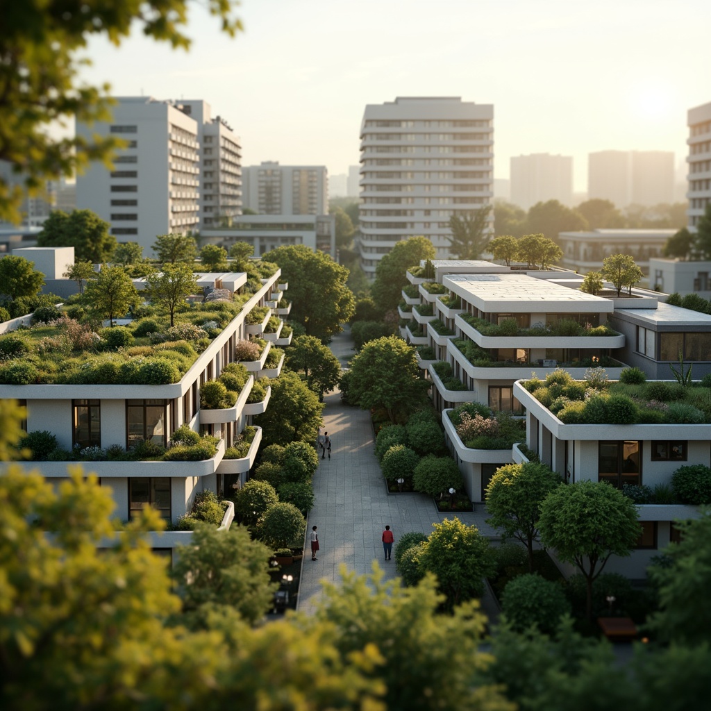 Prompt: Eco-friendly buildings, green roofs, solar panels, wind turbines, rainwater harvesting systems, recycled materials, low-carbon footprint, energy-efficient systems, natural ventilation, large windows, minimal waste design, biophilic architecture, organic shapes, living walls, urban gardens, vibrant flora, serene atmosphere, soft warm lighting, shallow depth of field, 3/4 composition, panoramic view, realistic textures, ambient occlusion.