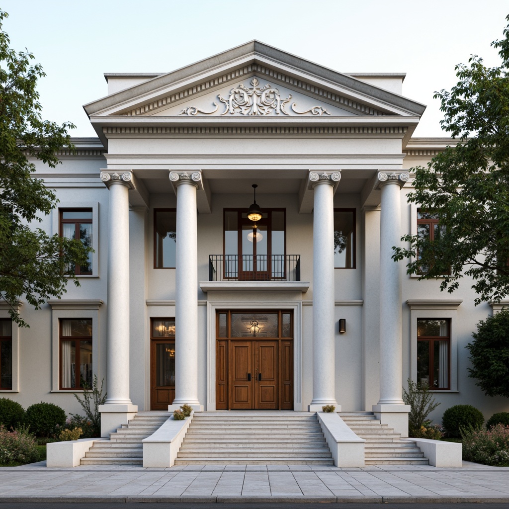 Prompt: Elegant neoclassical building, symmetrical facade, balanced composition, ornate decorations, classical columns, architraves, pediments, grand entrance, sweeping staircases, polished marble floors, intricate moldings, gilded details, subtle color palette, soft natural lighting, shallow depth of field, 1/1 composition, frontal view, realistic textures, ambient occlusion.