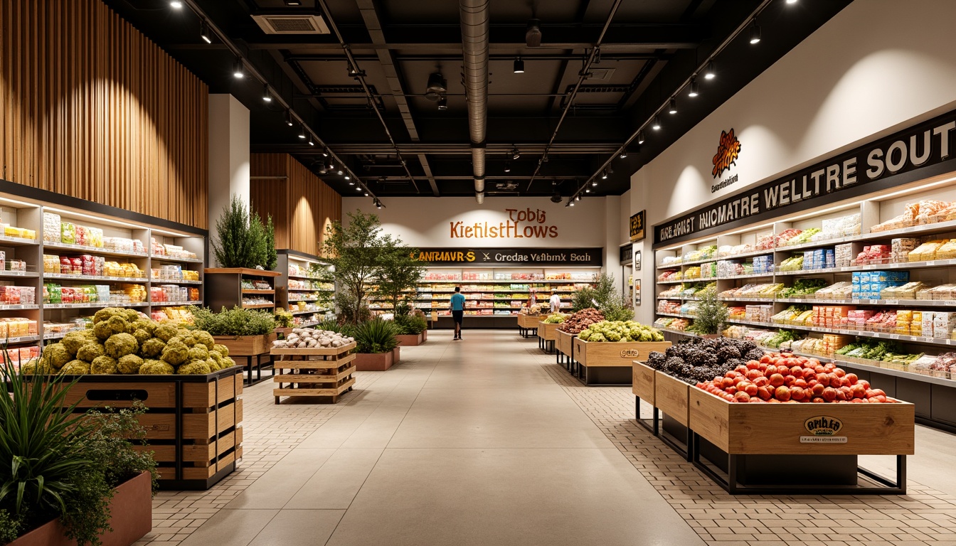 Prompt: Vibrant grocery store interior, warm earthy tones, natural wood accents, fresh greenery, bright fruit displays, colorful packaging designs, creamy whites, rich browns, bold signage, modern LED lighting, sleek metal shelving, geometric patterned floors, airy open spaces, warm inviting atmosphere, shallow depth of field, 1/1 composition, realistic textures, ambient occlusion.