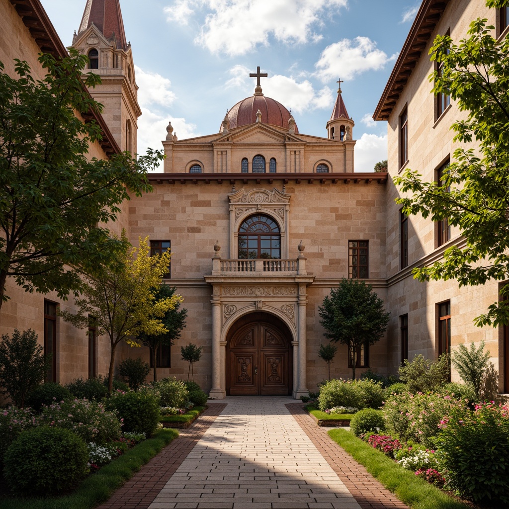 Prompt: Ancient monastery facade, eclectic architectural style, intricate stone carvings, ornate wooden doors, stained glass windows, grand entrance arches, bell towers, cloistered courtyard, lush greenery, vibrant flowers, weathered stone walls, rustic brick textures, warm golden lighting, soft shadows, 1/2 composition, symmetrical framing, rich cultural heritage, spiritual ambiance.Please let me know if this meets your expectations!