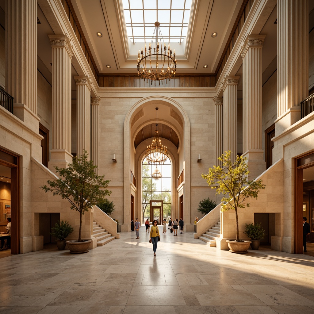 Prompt: Grand youth center, neoclassical fa\u00e7ade, ornate columns, symmetrical architecture, triangular pediments, rounded arches, carved stone decorations, warm beige tones, elegant proportions, grand entrance, sweeping staircases, polished marble floors, luxurious chandeliers, soft golden lighting, shallow depth of field, 1/1 composition, realistic textures, ambient occlusion.