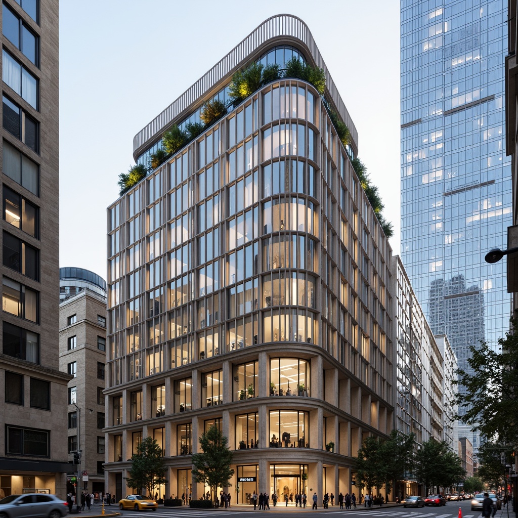 Prompt: Grandiose bank headquarters, symmetrical facade, Art Deco patterns, ornate metalwork, grand entranceways, marble columns, sleek glass towers, modernist architecture, neutral color palette, metallic accents, urban cityscape, busy streets, morning sunlight, shallow depth of field, 1/1 composition, realistic reflections, ambient occlusion.