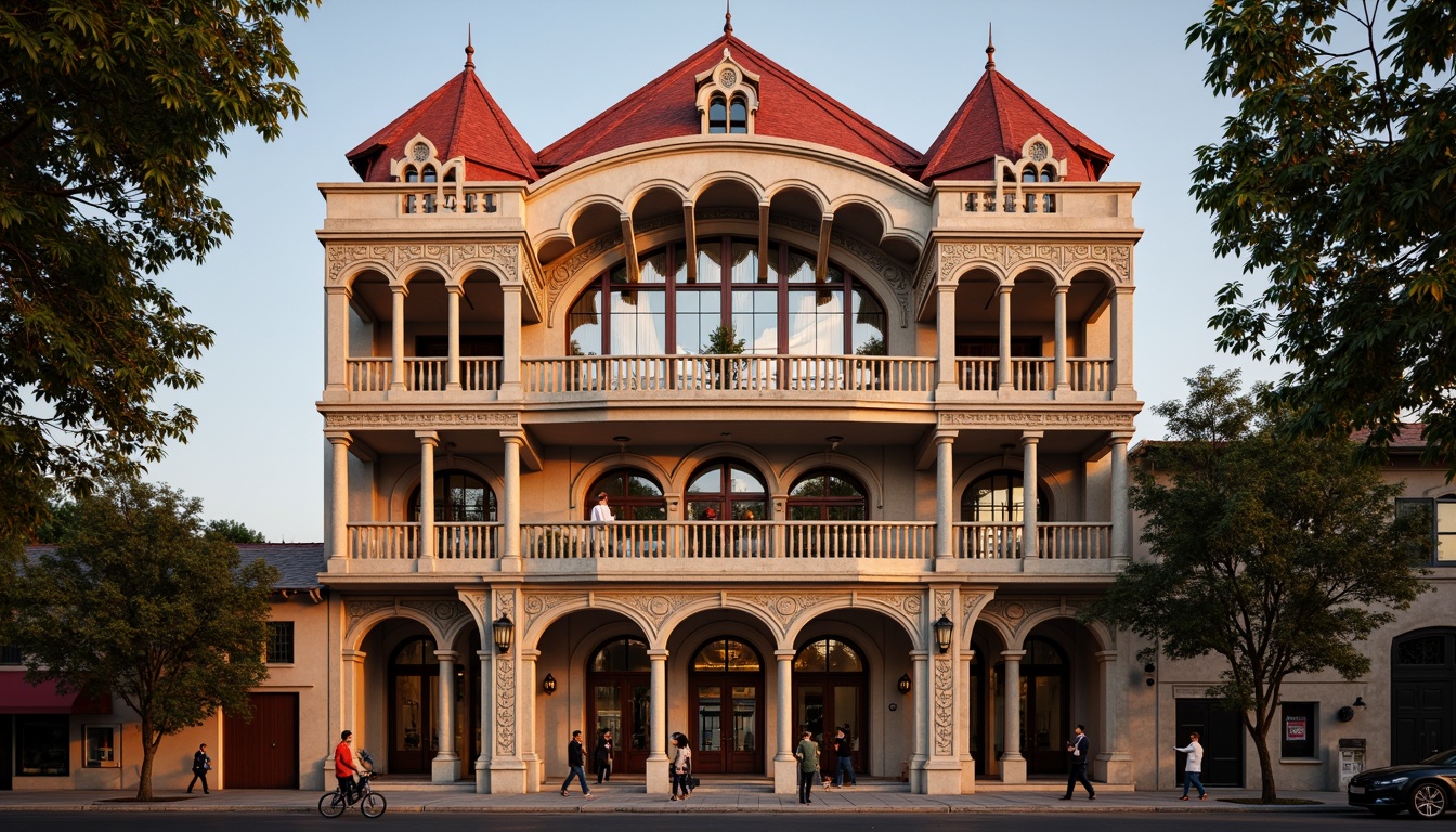 Prompt: Grandiose opera house, Romanesque facade, ornate stone carvings, grand archways, majestic columns, rusticated stonework, curved lines, vibrant red roofs, stained glass windows, intricate metalwork, ornamental balconies, dramatic entrance, symmetrical composition, warm golden lighting, soft focus effect, shallow depth of field, 1/1 aspect ratio.