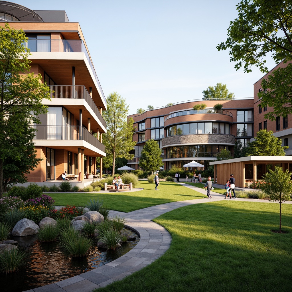 Prompt: Vibrant campus quad, lush green lawns, blooming flowers, meandering walkways, ornate fountains, modern fusion architecture, curved lines, dynamic shapes, mixed materials, steel beams, wooden accents, natural stone walls, glass roofs, cantilevered structures, dramatic lighting, warm ambiance, shallow depth of field, 2/3 composition, panoramic view, realistic textures, ambient occlusion.