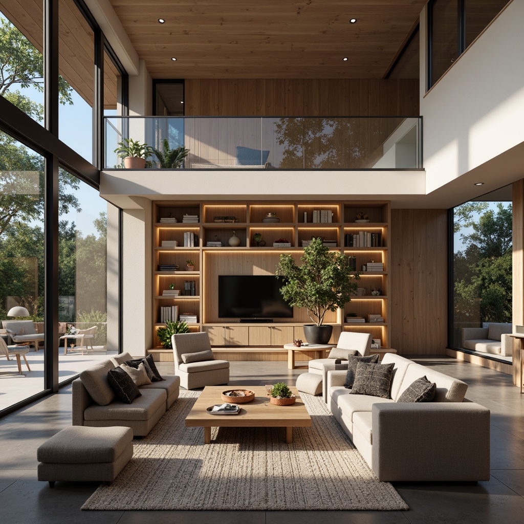 Prompt: Modern living room, sleek lines, minimal ornamentation, functional furniture, multi-purpose spaces, open-plan layout, natural light influx, floor-to-ceiling windows, sliding glass doors, cozy reading nooks, built-in shelving, textured area rugs, ambient warm lighting, 1/1 composition, realistic renderings, soft focus blur.