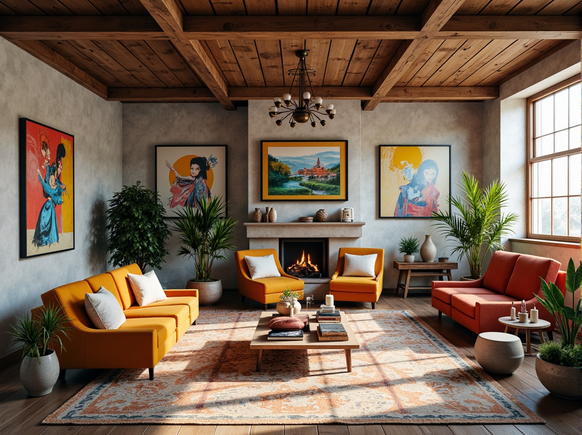 Prompt: Vibrant art studio, eclectic furniture, bold color accents, pastel hues, rich textures, metallic finishes, modern lighting fixtures, abstract artwork, geometric patterns, natural materials, earthy tones, bohemian-inspired decor, warm atmosphere, softbox lighting, shallow depth of field, 1/1 composition, realistic rendering.