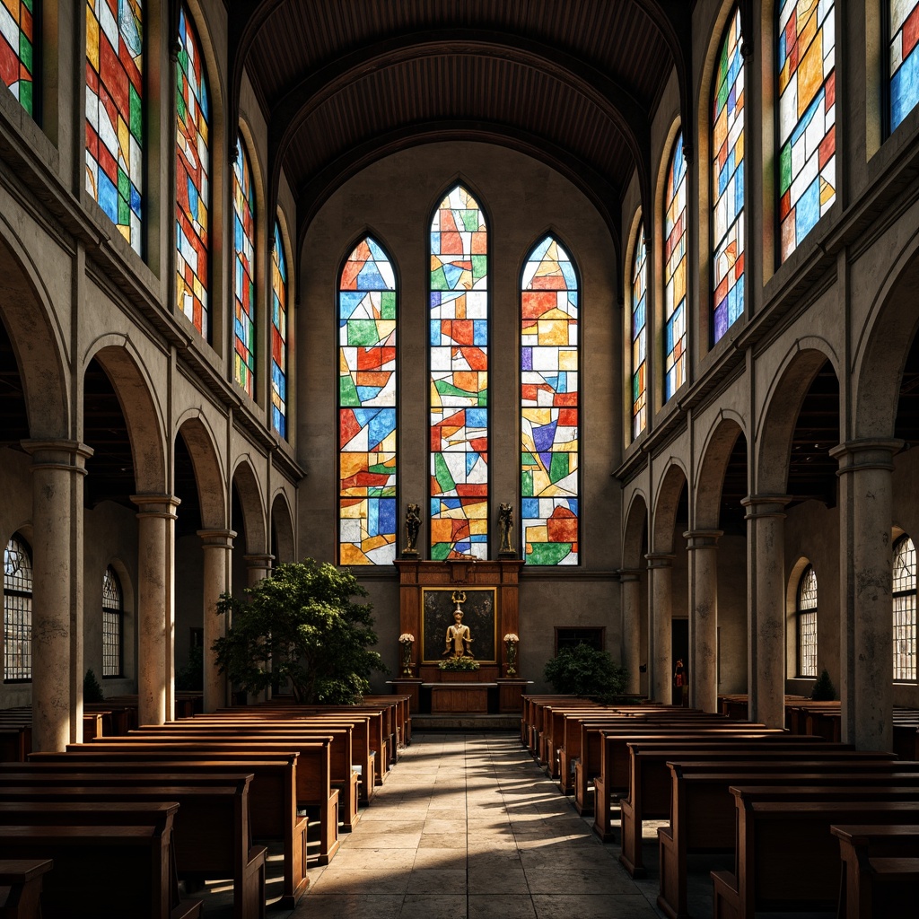 Prompt: Deconstructivist church, fragmented facade, asymmetrical composition, vibrant stained glass windows, abstract shapes, bold color contrasts, clashing textures, distressed stone walls, oxidized metal accents, worn wooden pews, dim warm lighting, high contrast shadows, dramatic atmospheric perspective, 1/1 composition, low-angle shot, cinematic mood, mystical ambiance.