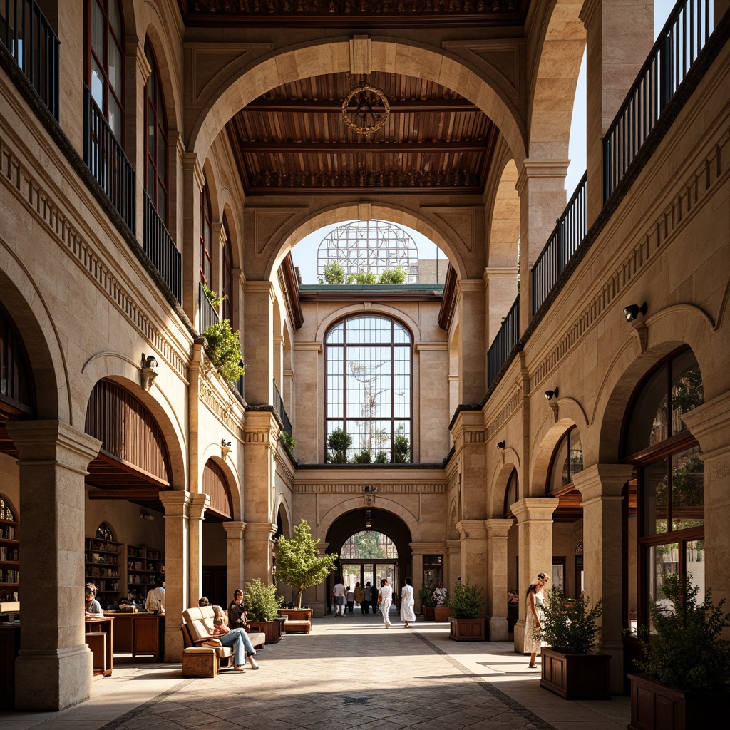 Prompt: Ornate market hall, grandiose Renaissance architecture, arched windows, stained glass, intricate stone carvings, ornamental balconies, curved facades, rustic brick walls, terracotta roofing, decorative cornices, majestic entranceways, vaulted ceilings, natural light pouring in, warm beige tones, soft shadows, 1/2 composition, symmetrical framing, rich textures, ambient lighting.