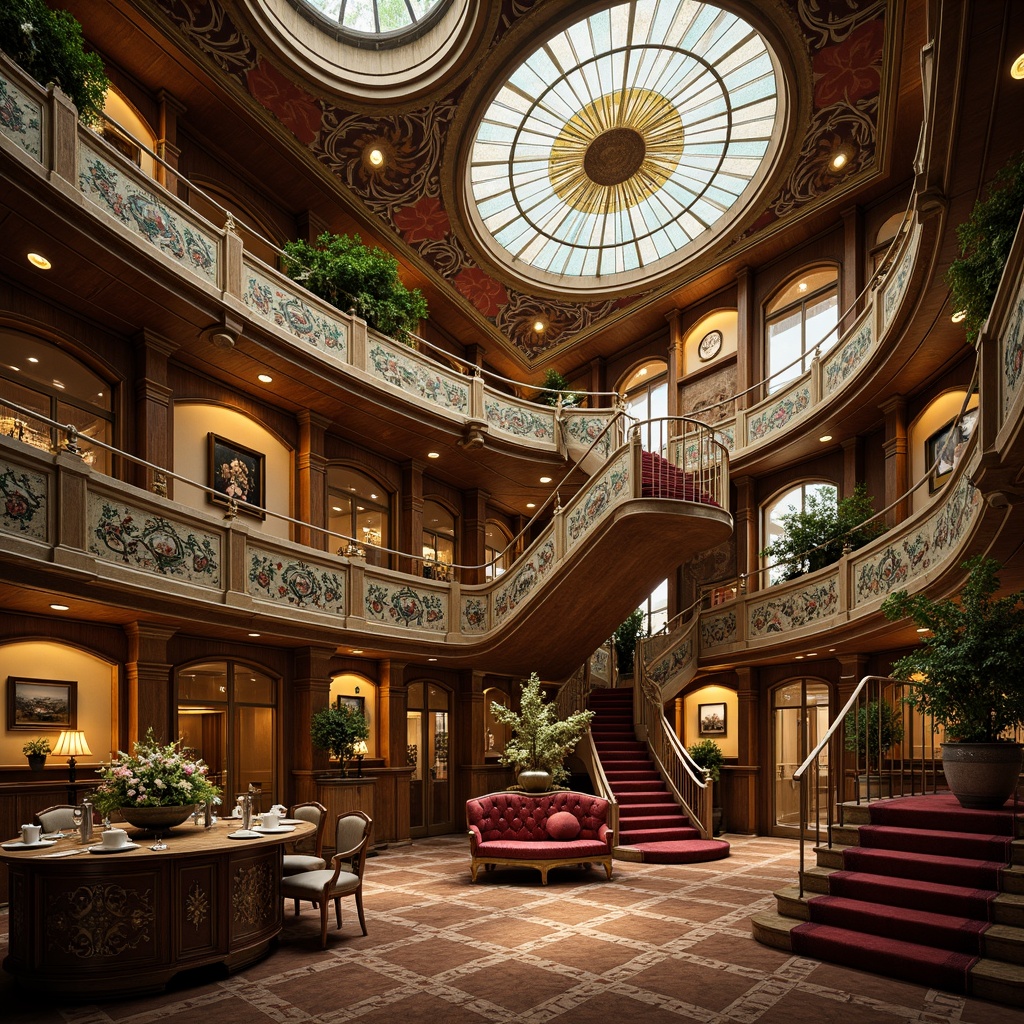 Prompt: Whimsical Art Nouveau building, sinuous curvilinear lines, flowing organic shapes, ornate metalwork, stained glass windows, intricate mosaics, luxurious velvet fabrics, rich wood tones, elegant spiraling staircases, ornamental iron railings, lustrous gemstone accents, warm golden lighting, soft focus blur, 1/1 composition, romantic atmosphere, dreamy ambiance, vintage textures.