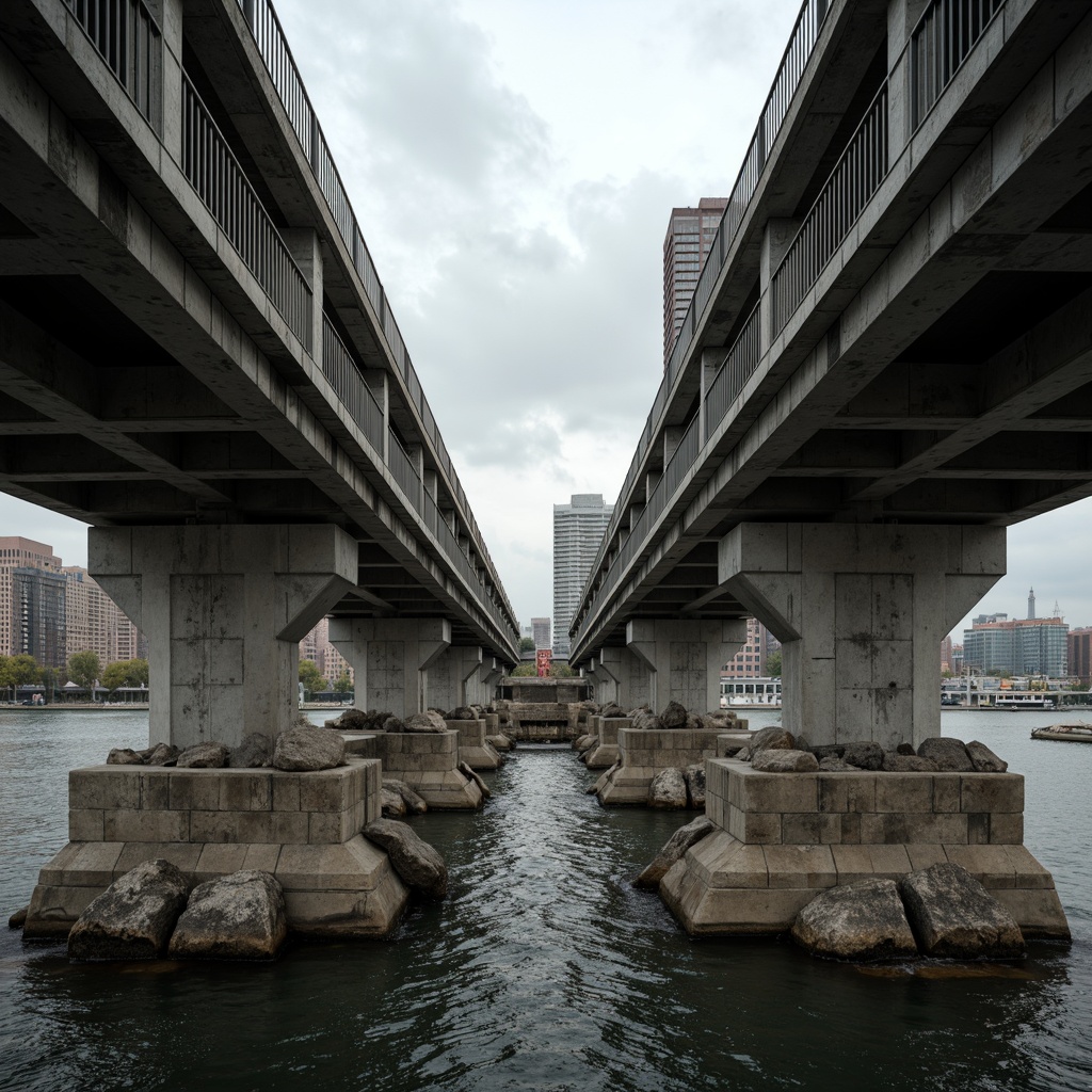 Prompt: Exposed concrete piers, rugged stone foundations, cantilevered walkways, brutalist architectural style, industrial metal railings, weathered steel beams, raw concrete textures, geometric shapes, urban cityscape, grey cloudy sky, dramatic shadows, low-key lighting, shallow depth of field, 2/3 composition, symmetrical framing, gritty realistic render.