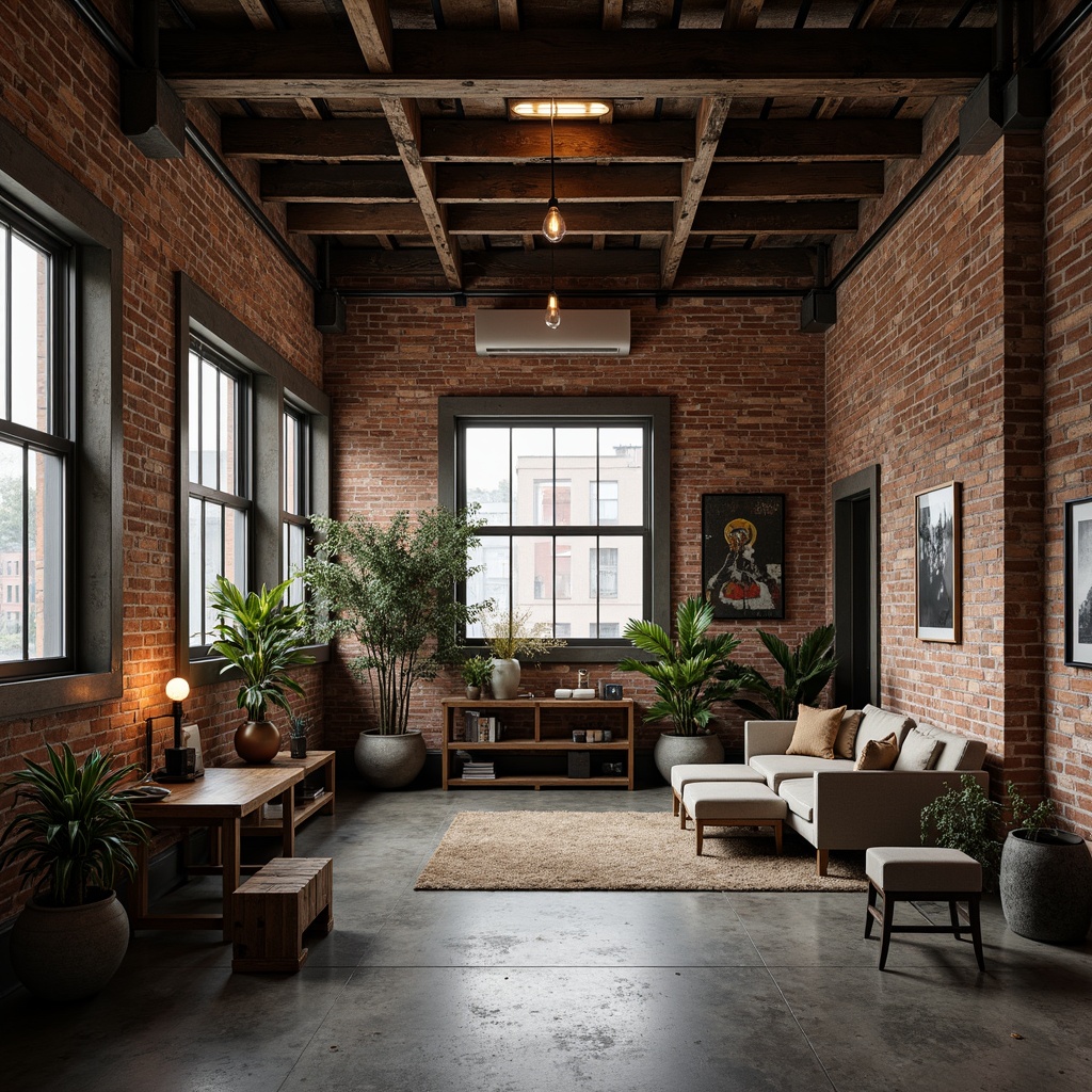 Prompt: Exposed brick walls, industrial metal beams, reclaimed wood accents, vintage windows, distressed finishes, urban loft atmosphere, converted warehouse space, open ceiling, minimalist decor, modern furniture, eclectic art pieces, concrete floors, Edison bulb lighting, moody warm ambiance, shallow depth of field, 2/3 composition, cinematic view, realistic textures, ambient occlusion.Let me know if this meets your requirements!