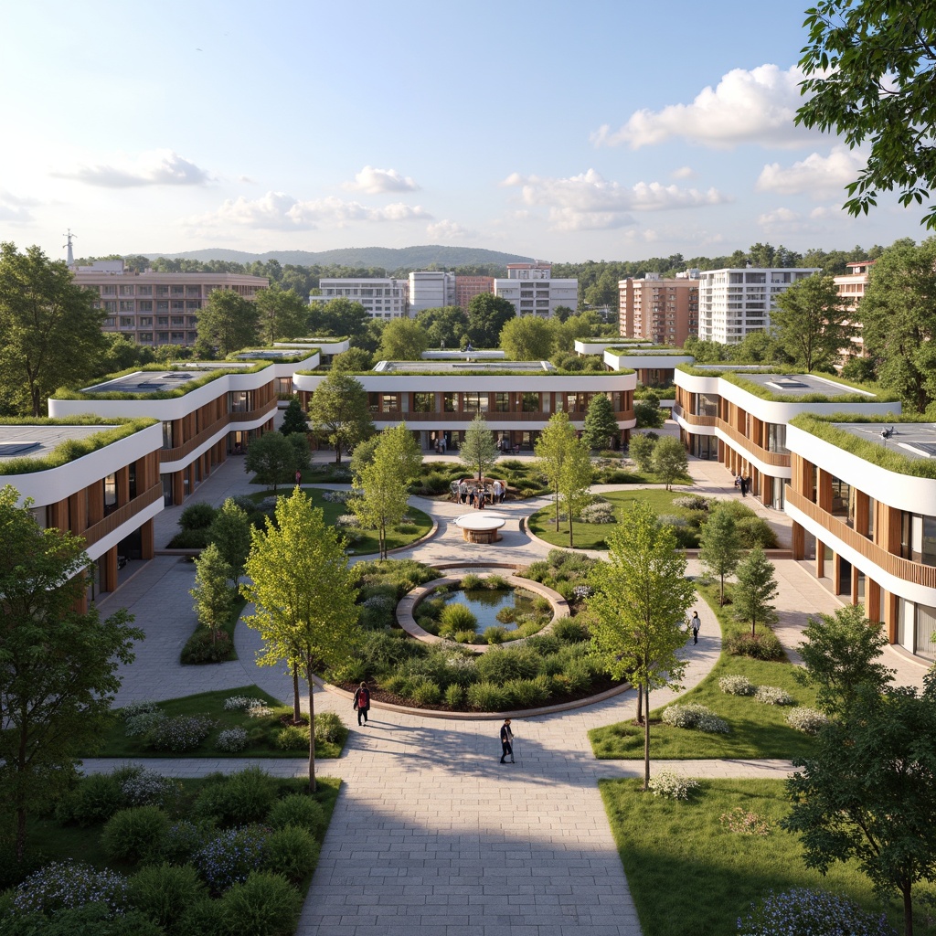 Prompt: Vibrant campus fusion architecture, harmonious building orientation, symmetrical fa\u00e7ades, curved lines, green roofs, solar panels, natural ventilation systems, open atriums, communal spaces, wooden accents, earthy tones, modern minimalism, seamless transitions, blended boundaries, soft diffused lighting, 1/1 composition, intimate scale, human-centered design, contextual sensitivity, cultural heritage integration, educational signage, lively pedestrian paths, scenic overlooks, lush landscaping.