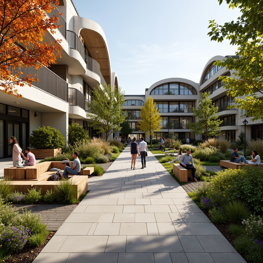 Prompt: Vibrant campus courtyard, lush greenery, blooming flowers, outdoor seating areas, wooden benches, educational signage, natural stone walkways, modern fusion architecture, curved lines, minimalist design, large windows, glass doors, cantilevered roofs, shaded outdoor spaces, soft warm lighting, shallow depth of field, 3/4 composition, panoramic view, realistic textures, ambient occlusion, diverse plant species, walking paths, cycling routes, recreational facilities, outdoor art installations, water features, sustainable materials, eco-friendly design.