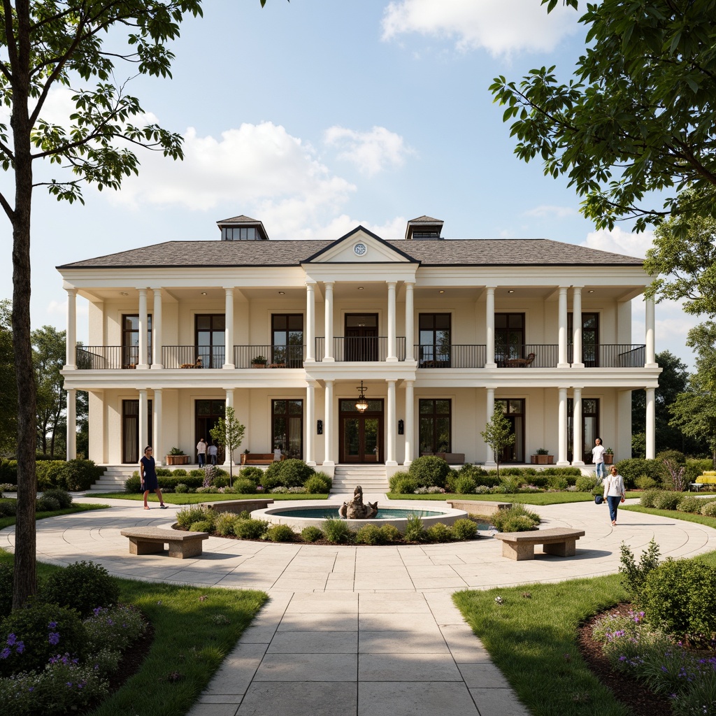 Prompt: Symmetrical facade, grand entrance, ornate columns, rusticated base, elegant cornice, cream-colored walls, slate roof tiles, spacious courtyard, manicured lawns, walking paths, community garden, public art installations, natural stone benches, ornamental fountains, pedestrian-friendly streets, tree-lined boulevards, soft warm lighting, atmospheric perspective, 1-point perspective composition, realistic textures, ambient occlusion.