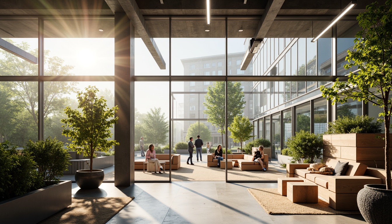 Prompt: Vibrant office space, large windows, transparent glass walls, natural light transmission, warm sunlight, soft shadows, modern minimalist interior, sleek metal frames, polished wood floors, comfortable seating areas, collaborative workstations, green plants, airy atmosphere, diffused lighting, 1/1 composition, shallow depth of field, realistic textures, ambient occlusion.