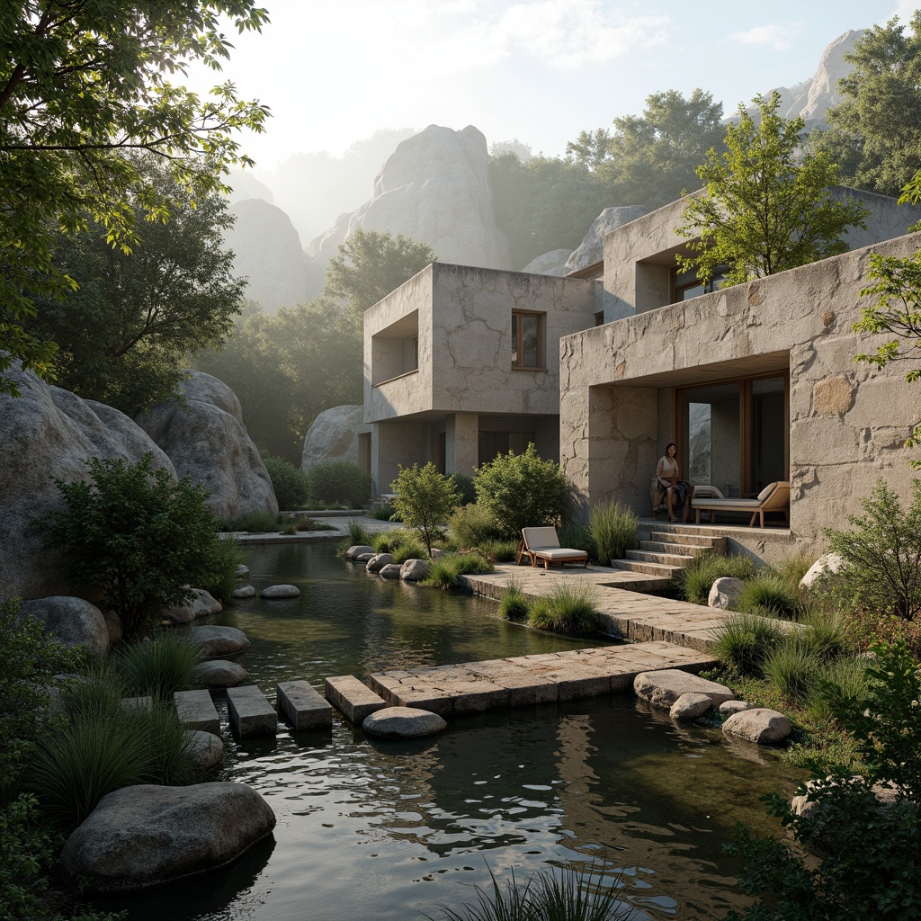 Prompt: Rustic villa, brutalist architecture, rugged stone walls, raw concrete textures, wild wetland surroundings, lush greenery, winding waterways, misty morning atmosphere, soft warm lighting, shallow depth of field, 1/1 composition, realistic reflections, ambient occlusion, natural stone pathways, wooden docks, rustic bridges, eco-friendly materials, sustainable design, organic forms, earthy color palette, overgrown vegetation, serene ambiance.