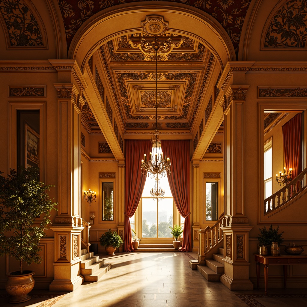 Prompt: Warm golden facades, ornate details, luxurious materials, lavish decorations, rich textures, sunny afternoon light, soft warm shadows, 1/2 composition, low-angle shot, dramatic lighting, ambient occlusion, opulent interior spaces, velvet drapes, marble floors, intricate moldings, gilded accents, grand staircases, majestic columns, ornamental railings, exquisite furnishings, lavish chandeliers, elegant archways.