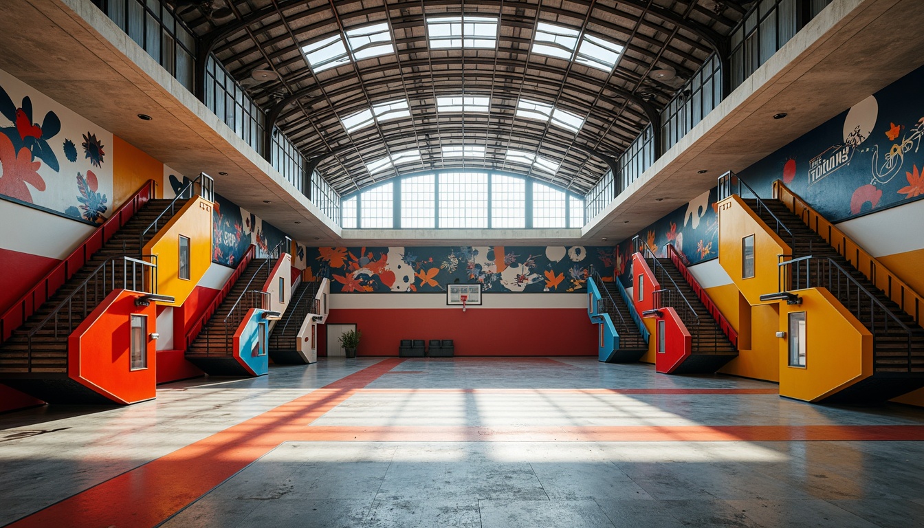 Prompt: Vibrant gymnasium interior, exposed steel beams, dynamic movement lines, cantilevered staircases, suspended athletic equipment, bold color blocking, geometric patterned flooring, abstract expressionist murals, natural light pouring in, clerestory windows, industrial metal accents, distressed concrete textures, dramatic shadows, high-contrast lighting, 1/2 composition, wide-angle lens, cinematic atmosphere, realistic reflections.