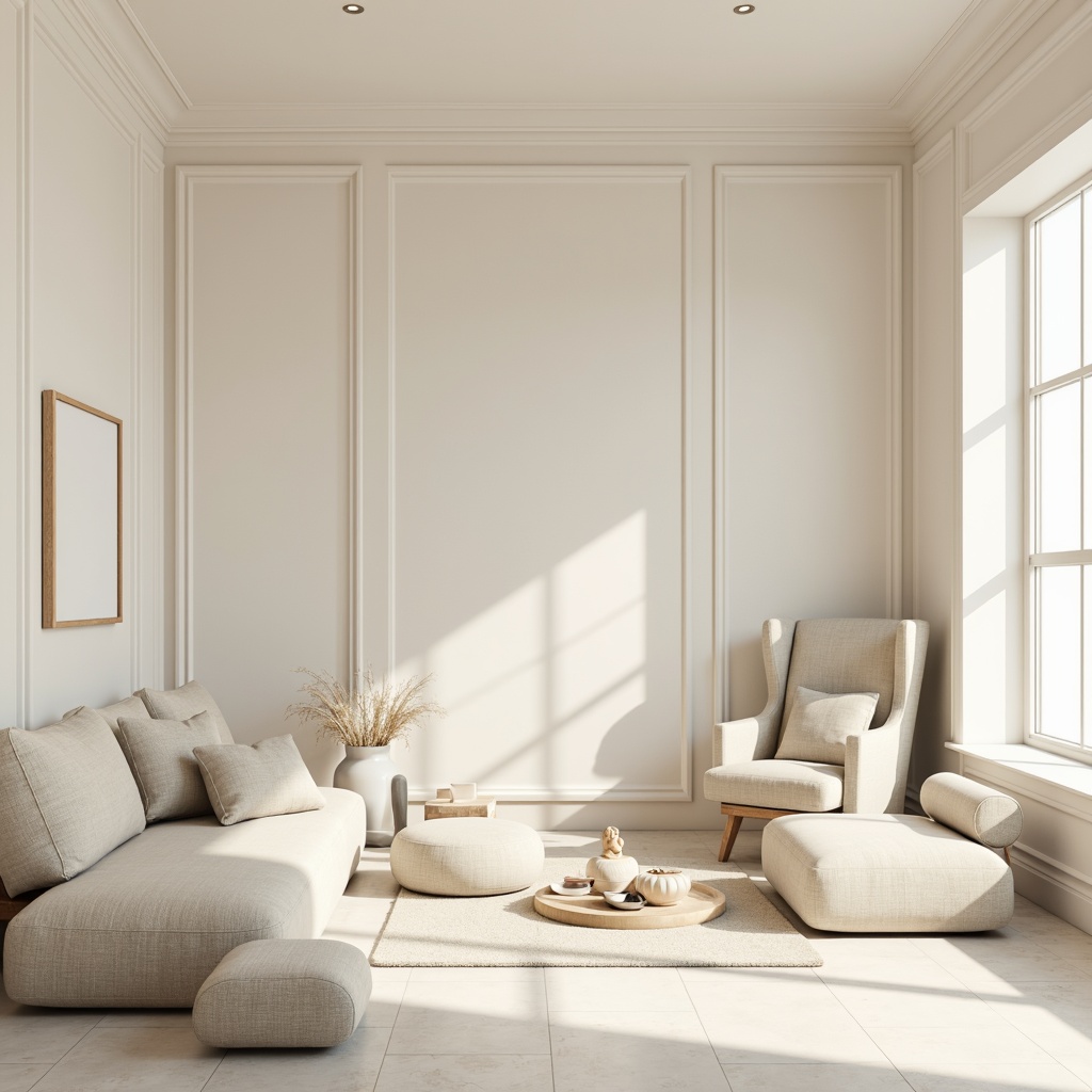 Prompt: Monochromatic interior space, soft creamy whites, subtle beige tones, gentle warm grays, minimalist decor, clean lines, simple shapes, sparse furniture arrangement, empty spaces, natural light pouring in, diffused shadows, 1/1 composition, soft focus, ambient Occlusion, realistic textures.