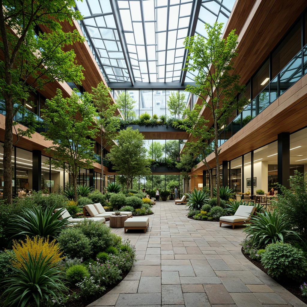 Prompt: Vibrant indoor garden, lush green walls, natural stone flooring, reclaimed wood accents, energy-efficient lighting, floor-to-ceiling windows, minimal ornamentation, organic shapes, living roofs, rainwater harvesting systems, grey water reuse, non-VOC paints, FSC-certified furniture, passive ventilation strategies, automated shading devices, eco-friendly textiles, biophilic design elements, calming color palette, soft diffused light, shallow depth of field, 2/3 composition, realistic textures, ambient occlusion.