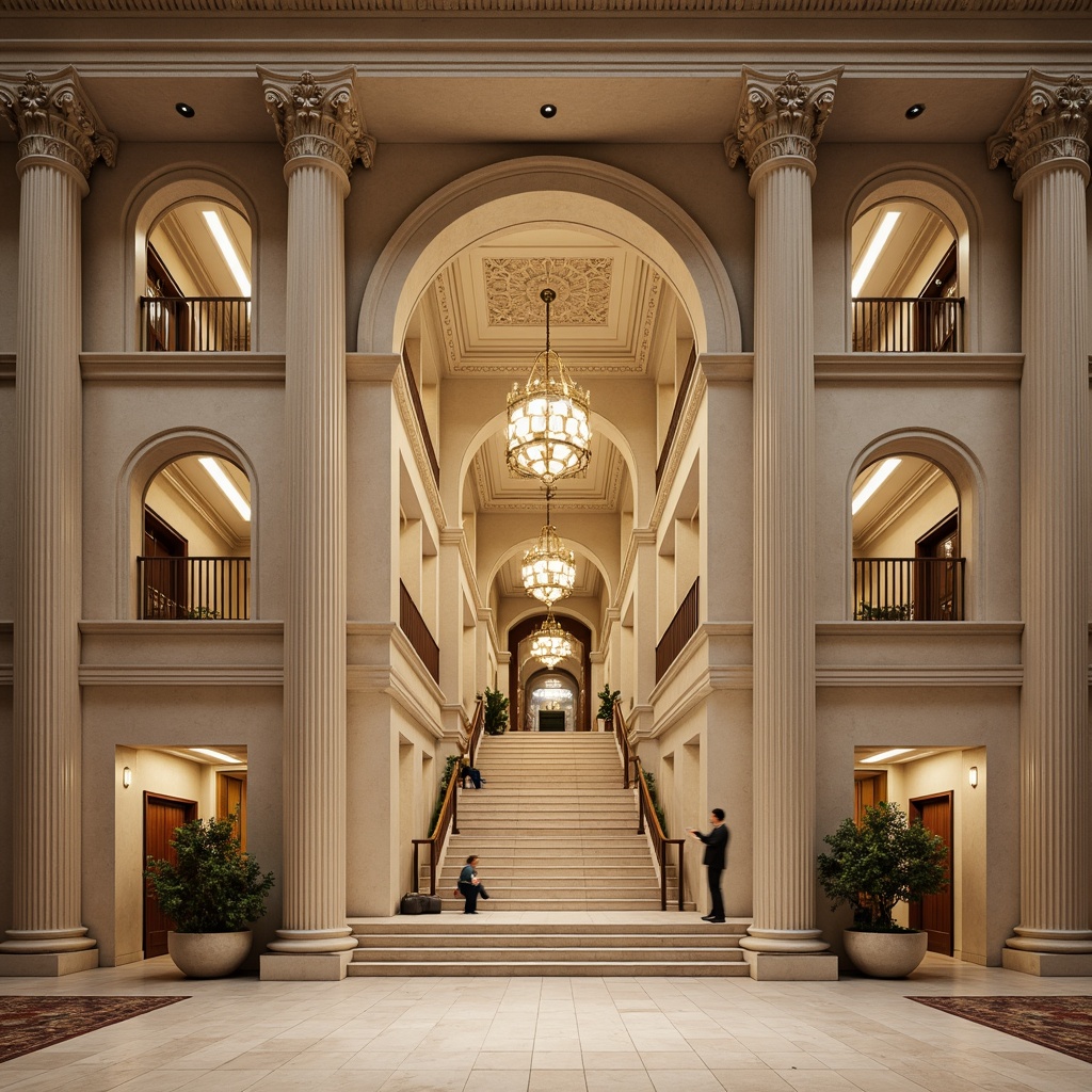 Prompt: Grandiose building facade, majestic columns, ornate capitals, classical orders, ionic volutes, carved stone decorations, symmetrical composition, grand entrance, sweeping staircases, regal chandeliers, polished marble floors, high ceilings, elegant archways, refined moldings, subtle lighting effects, warm beige color palette, soft focus, shallow depth of field, 2/3 composition, slight vignette.