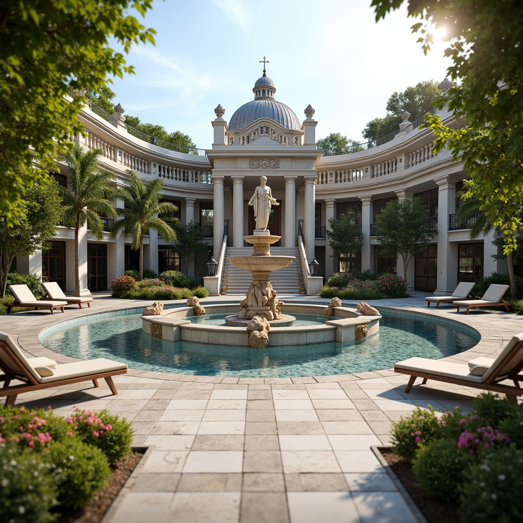 Prompt: Grandiose fountain, ornate statues, symmetrical pool shape, marble flooring, classical columns, intricate stone carvings, ornamental railings, luxurious lounge chairs, vibrant greenery, blooming flowers, sunny day, soft warm lighting, shallow depth of field, 3/4 composition, panoramic view, realistic water reflections, ambient occlusion.