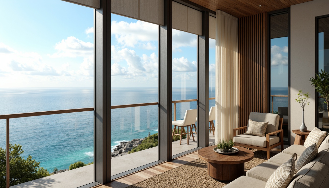 Prompt: Panoramic ocean views, modern coastal hotel facade, sleek glass balconies, minimalist window frames, retractable insect screens, solar shading devices, vertical louvers, marine-inspired patterns, woven sea grass textiles, driftwood accents, weathered wooden shutters, nautical-themed decor, soft diffused lighting, 1/1 composition, shallow depth of field, realistic wood textures, ambient occlusion.