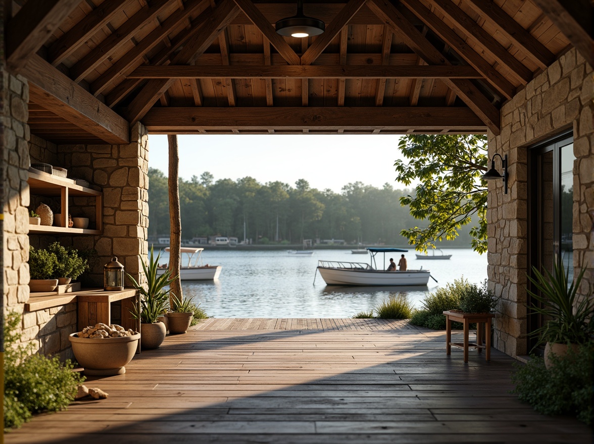 Prompt: Rustic boathouse, wooden docks, serene lake views, lush greenery, natural stone walls, weathered wood accents, nautical ropes, vintage lanterns, soft warm lighting, warm beige tones, earthy brown hues, calming blues, crisp whites, distressed finishes, organic textures, shallow depth of field, 2/3 composition, intimate atmosphere, cozy ambiance.