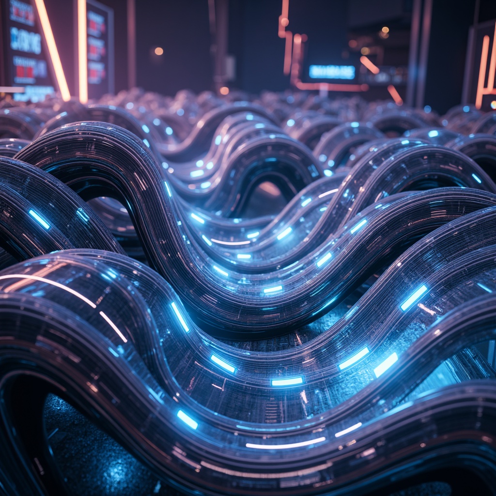 Prompt: Undulating waves, smooth curves, flowing lines, organic shapes, futuristic architecture, sleek metallic surfaces, iridescent colors, glowing accents, neon lights, cyberpunk aesthetic, high-tech materials, avant-garde design, abstract patterns, 3D modeling, virtual reality integration, soft focus, shallow depth of field, atmospheric lighting, cinematic composition.