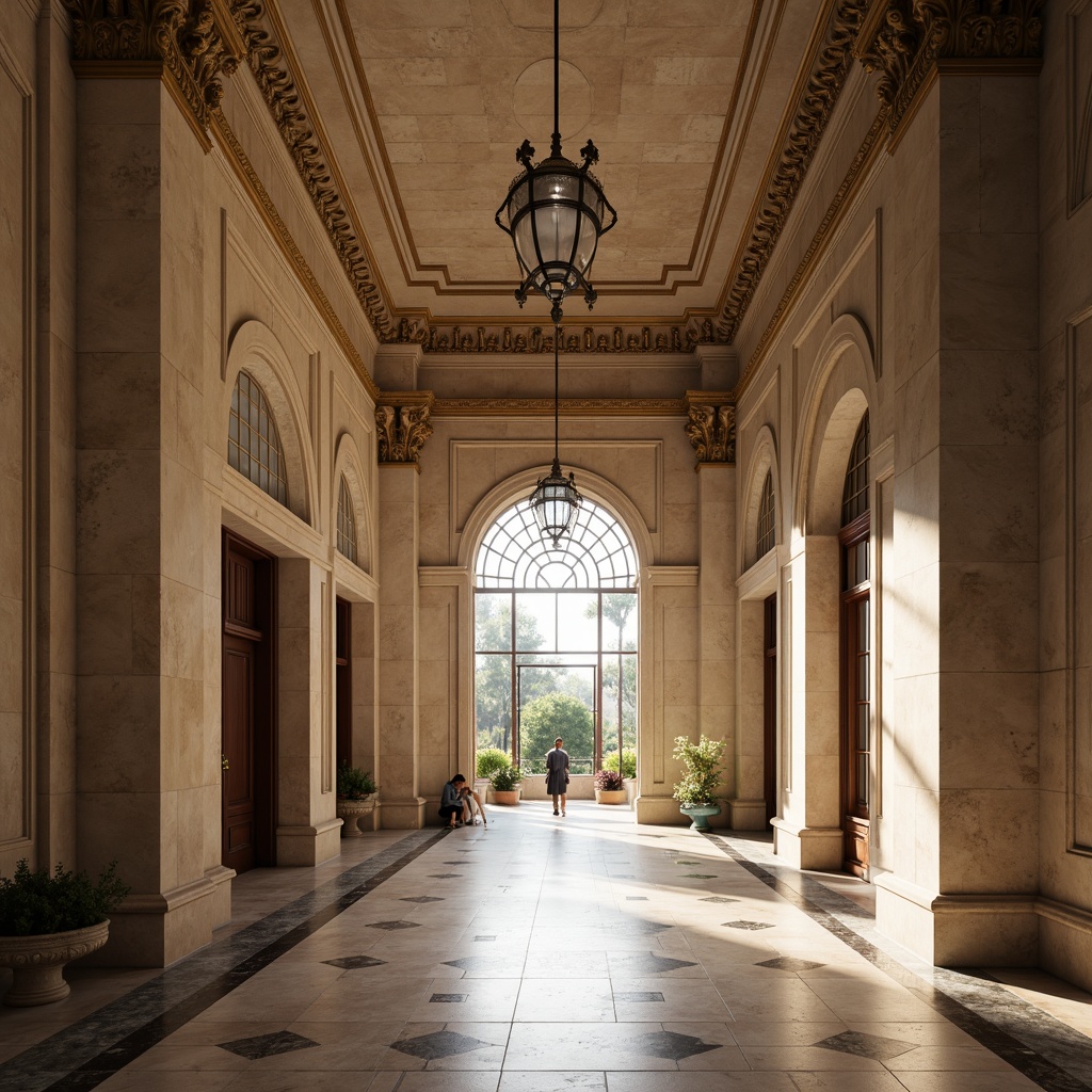 Prompt: Grand entrance hall, majestic columns, ornate capitals, classic arches, polished marble floors, intricate moldings, symmetrical fa\u00e7ade, high ceilings, stained glass windows, natural light pouring, warm beige tones, subtle shadows, atmospheric perspective, shallow depth of field, 2/3 composition, realistic textures, ambient occlusion.