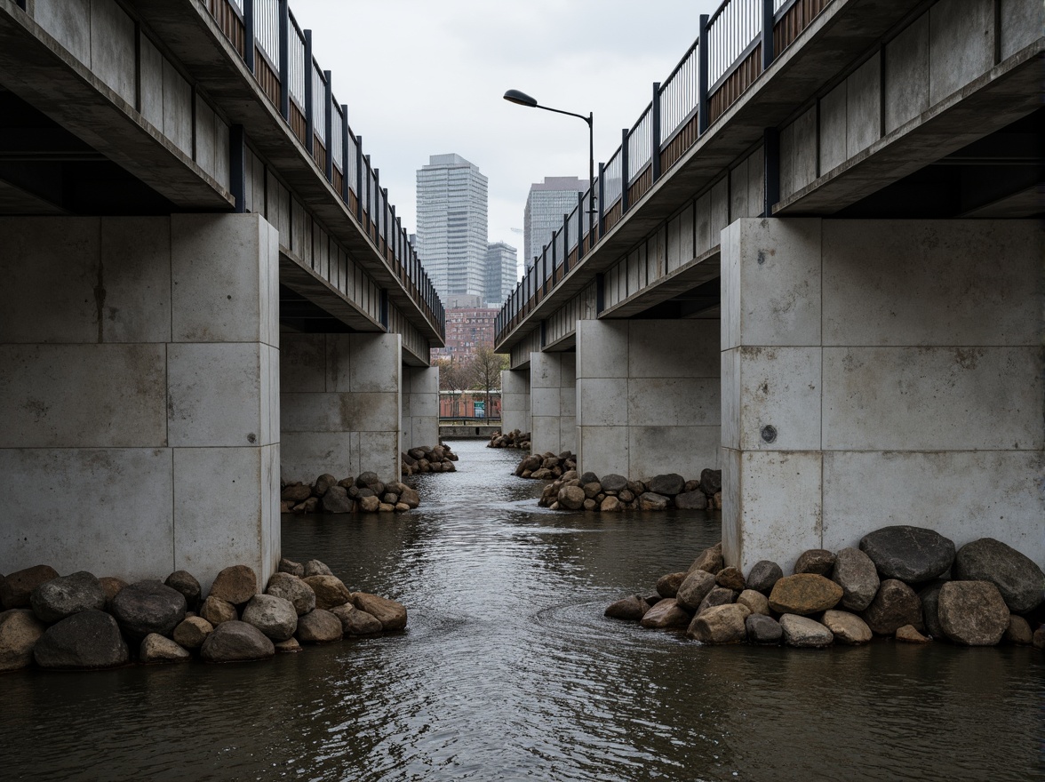 Prompt: Exposed concrete piers, rugged stone foundations, brutalist architectural style, pedestrian bridge, steel cable railings, weathered metal beams, industrial-style lighting fixtures, urban cityscape, overcast sky, dramatic shadows, low-angle photography, symmetrical composition, stark textures, muted color palette, functional design, minimal ornamentation, raw concrete surfaces, poured-in-place construction, brutalist aesthetic, modern infrastructure, urban renewal project.