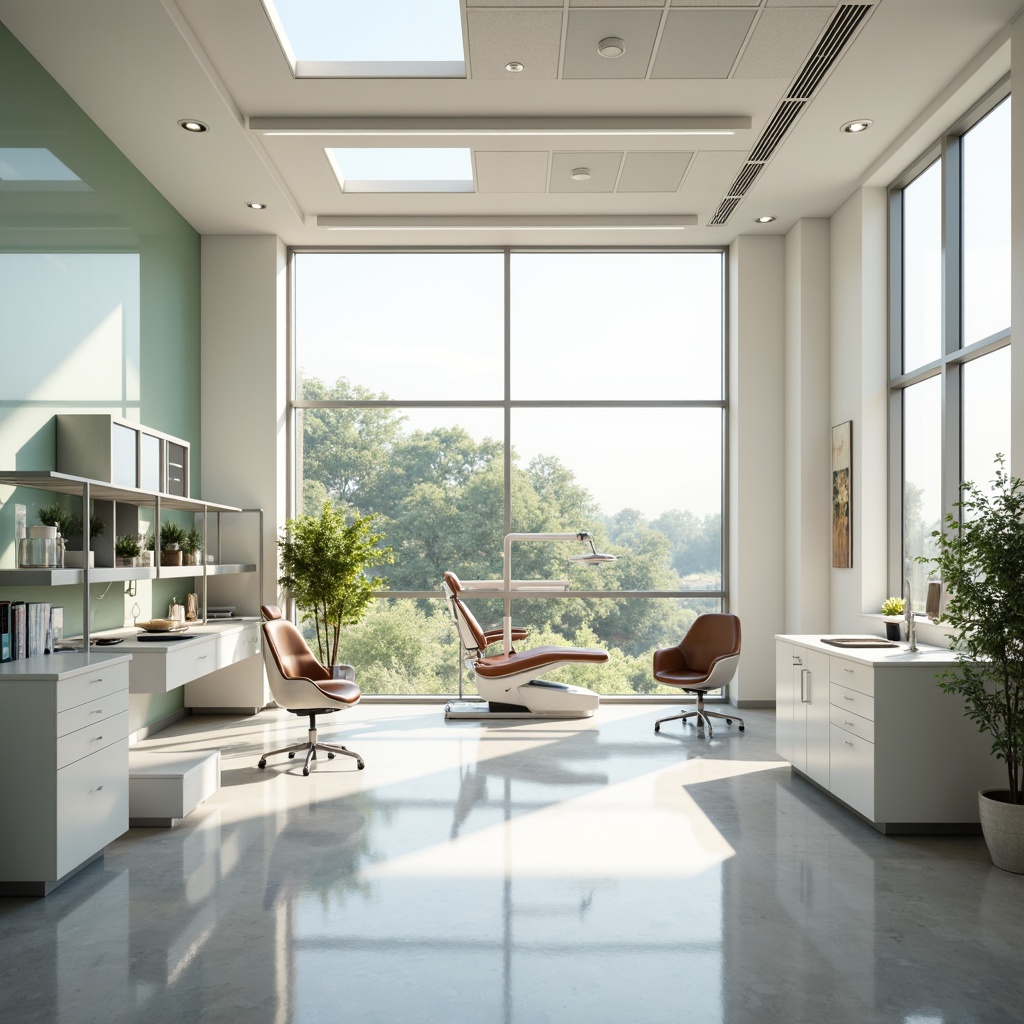 Prompt: Bright dental clinic, large windows, skylights, minimal obstructions, reflective surfaces, light-colored walls, glossy floors, modern minimalist design, sleek equipment, ergonomic furniture, calming color scheme, soft warm lighting, shallow depth of field, 3/4 composition, panoramic view, realistic textures, ambient occlusion, gentle morning sunlight, subtle shading, airy atmosphere.