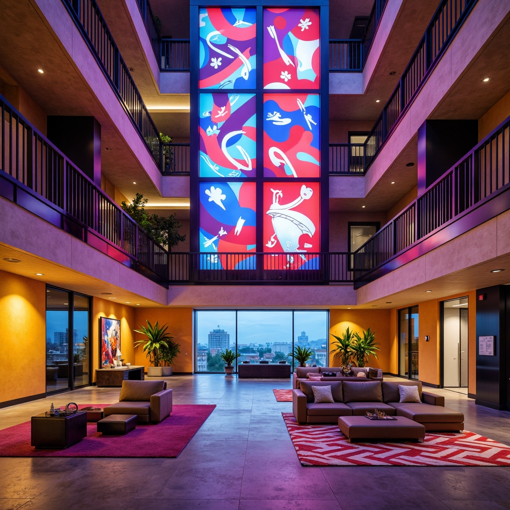 Prompt: Vibrant apartment complex, bold color blocking, contrasting textures, abstract art installations, futuristic LED lighting, neon accents, sleek metal railings, polished concrete floors, geometric patterned rugs, minimalist decor, open-plan living spaces, floor-to-ceiling windows, urban cityscape views, warm natural daylight, soft ambient glow, 1/1 composition, shallow depth of field, realistic renderings.