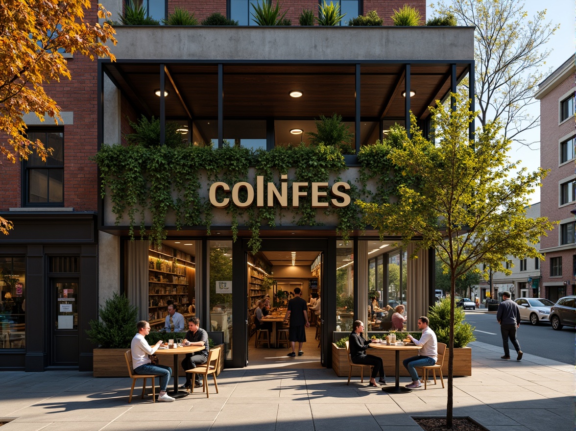 Prompt: Vibrant coffee shop facade, industrial chic aesthetic, exposed brick walls, metal beams, reclaimed wood accents, floor-to-ceiling windows, sliding glass doors, modern minimalist signage, lush greenery, vertical gardens, warm cozy lighting, inviting outdoor seating areas, urban cityscape backdrop, busy street life, morning sunlight, soft focus blur, 1/1 composition, realistic textures, ambient occlusion.