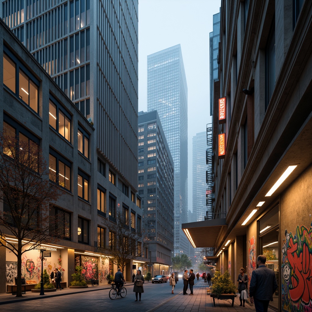 Prompt: Industrial urban landscape, concrete skyscrapers, metallic accents, neon signage, vibrant graffiti, modern architectural details, reflective glass surfaces, angular lines, brutalist structures, exposed ductwork, urban grittiness, atmospheric fog, warm golden lighting, low-key shadows, 1/1 composition, realistic textures, ambient occlusion.