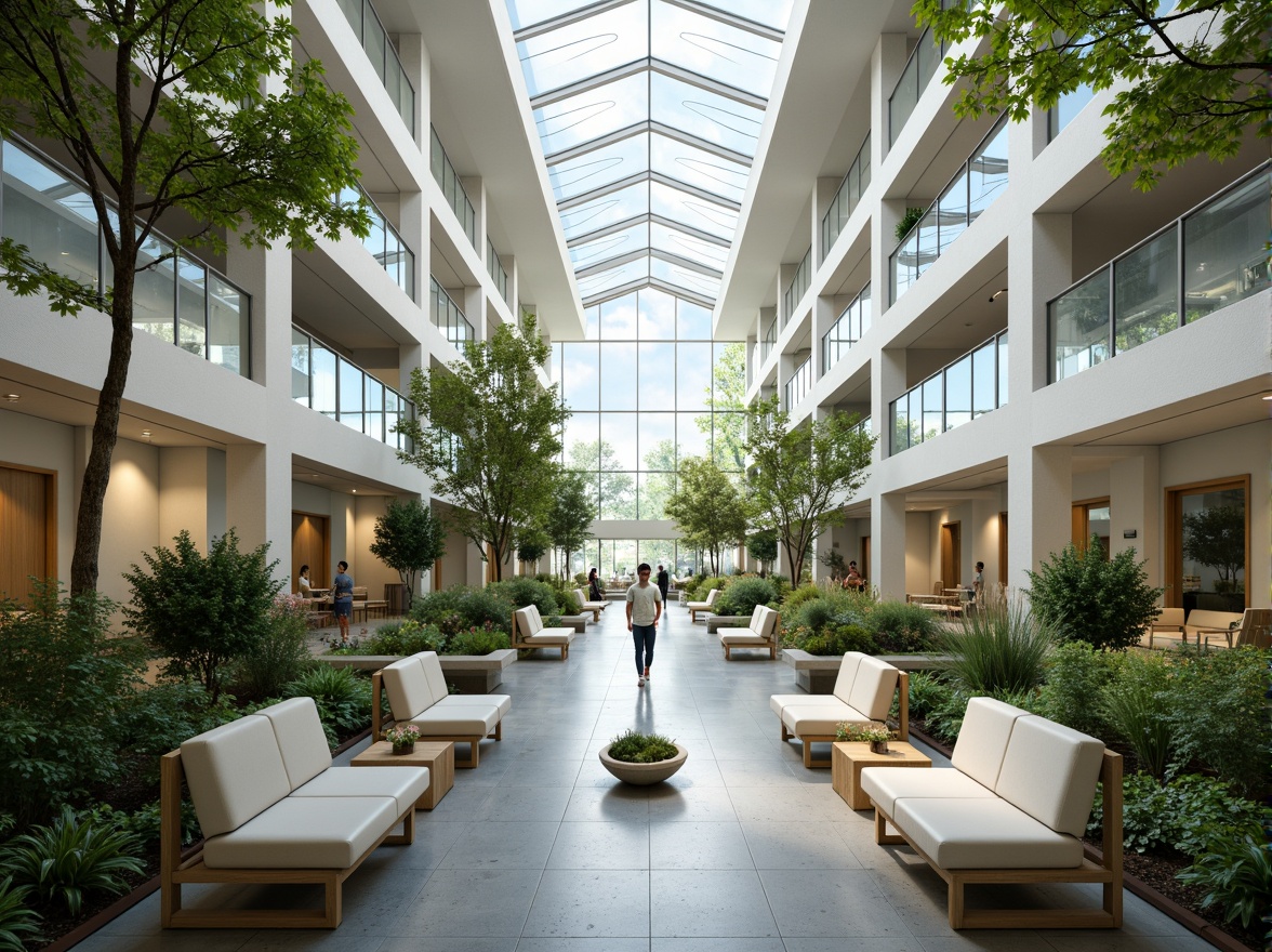 Prompt: Vibrant atrium, lush greenery, floor-to-ceiling windows, clerestory windows, skylights, open floor plans, minimalist interior design, reflective surfaces, polished concrete floors, white walls, large overhangs, cantilevered roofs, solar tubes, tubular daylighting devices, automated shading systems, natural ventilation, cross-ventilation, airy corridors, spacious rooms, high ceilings, indirect lighting, soft warm glow, gentle diffused light, 1/1 composition, symmetrical balance, realistic textures, ambient occlusion.