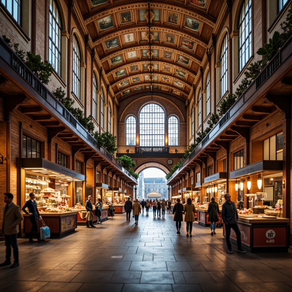 Prompt: Grand market hall, ornate stone carvings, intricate wooden accents, vibrant fresco ceilings, majestic archways, imposing columns, rustic brick facades, ornamental ironworks, grandiose staircases, lavish chandeliers, warm golden lighting, shallow depth of field, 1/2 composition, symmetrical framing, realistic textures, ambient occlusion, bustling crowd atmosphere, lively street performers, colorful vendor stalls, aromatic food markets.