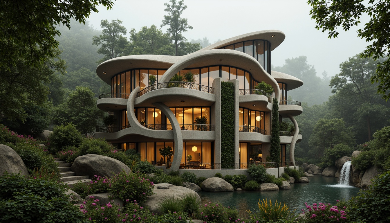 Prompt: Whimsical Art Nouveau building, flowing organic lines, ornate metalwork, stained glass windows, blooming flowers, lush greenery, curved stone walls, natural rock formations, serene forest surroundings, misty atmosphere, soft warm lighting, shallow depth of field, 3/4 composition, panoramic view, realistic textures, ambient occlusion, intricate botanical motifs, sinuous lines, elegant typography, vintage color palette.