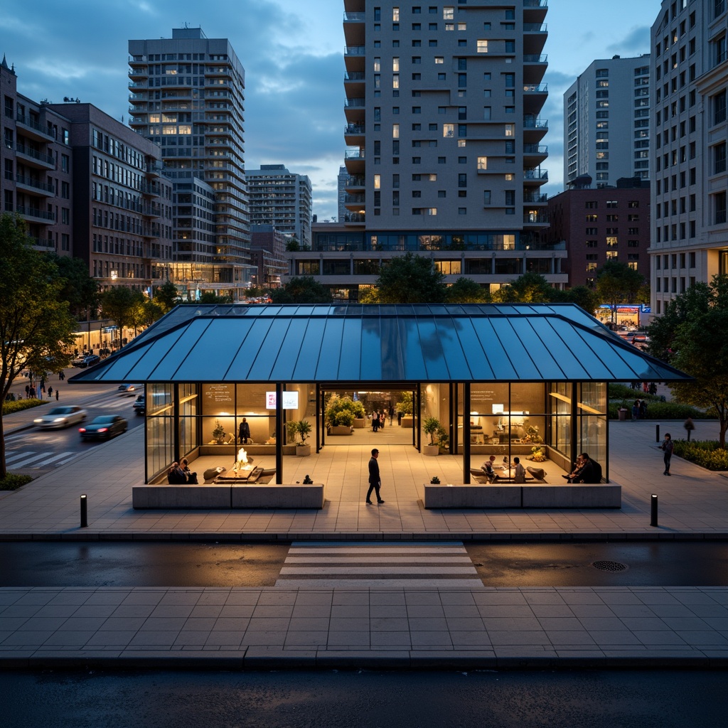 Prompt: Simple metro station facade, clean lines, minimalist architecture, rectangular shapes, flat roofs, large glass surfaces, steel frames, urban landscape, busy streets, city lights, evening atmosphere, soft warm lighting, shallow depth of field, 3/4 composition, panoramic view, realistic textures, ambient occlusion.