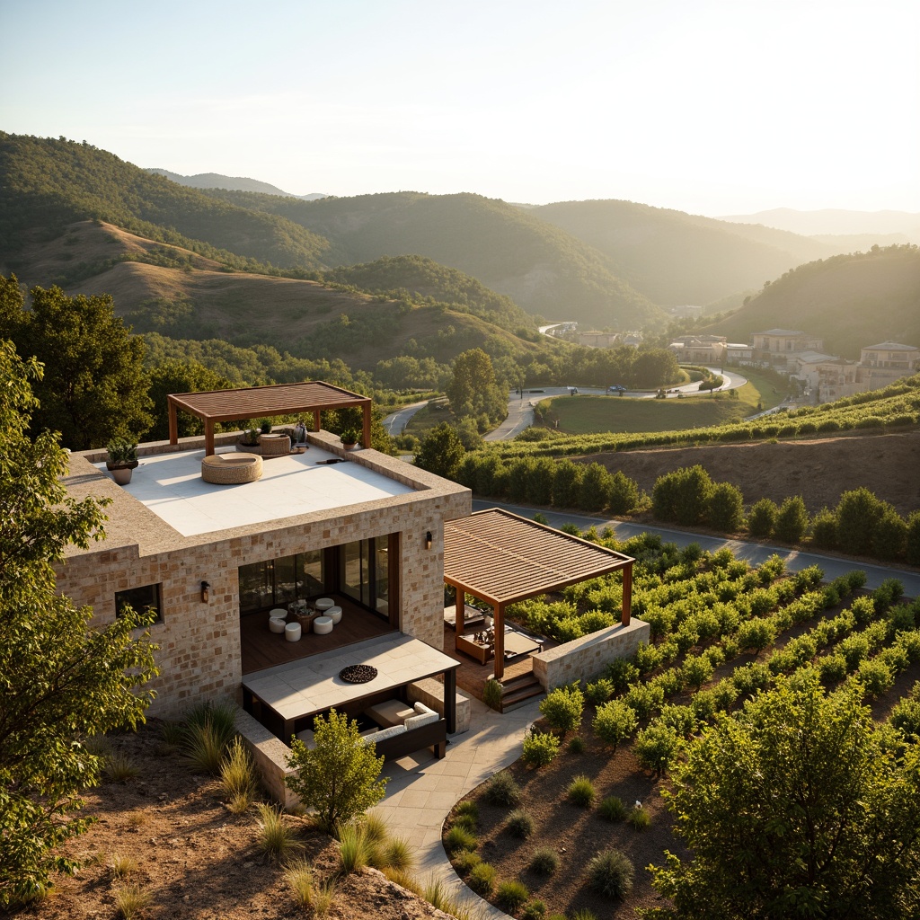 Prompt: Rustic winery, rolling hills, lush vineyards, minimalist architecture, clean lines, simple shapes, natural stone walls, wooden accents, large windows, sliding glass doors, outdoor seating areas, shaded pergolas, scenic overlooks, tranquil atmosphere, warm golden lighting, soft focus, 1/1 composition, natural textures, subtle color palette, earthy tones.