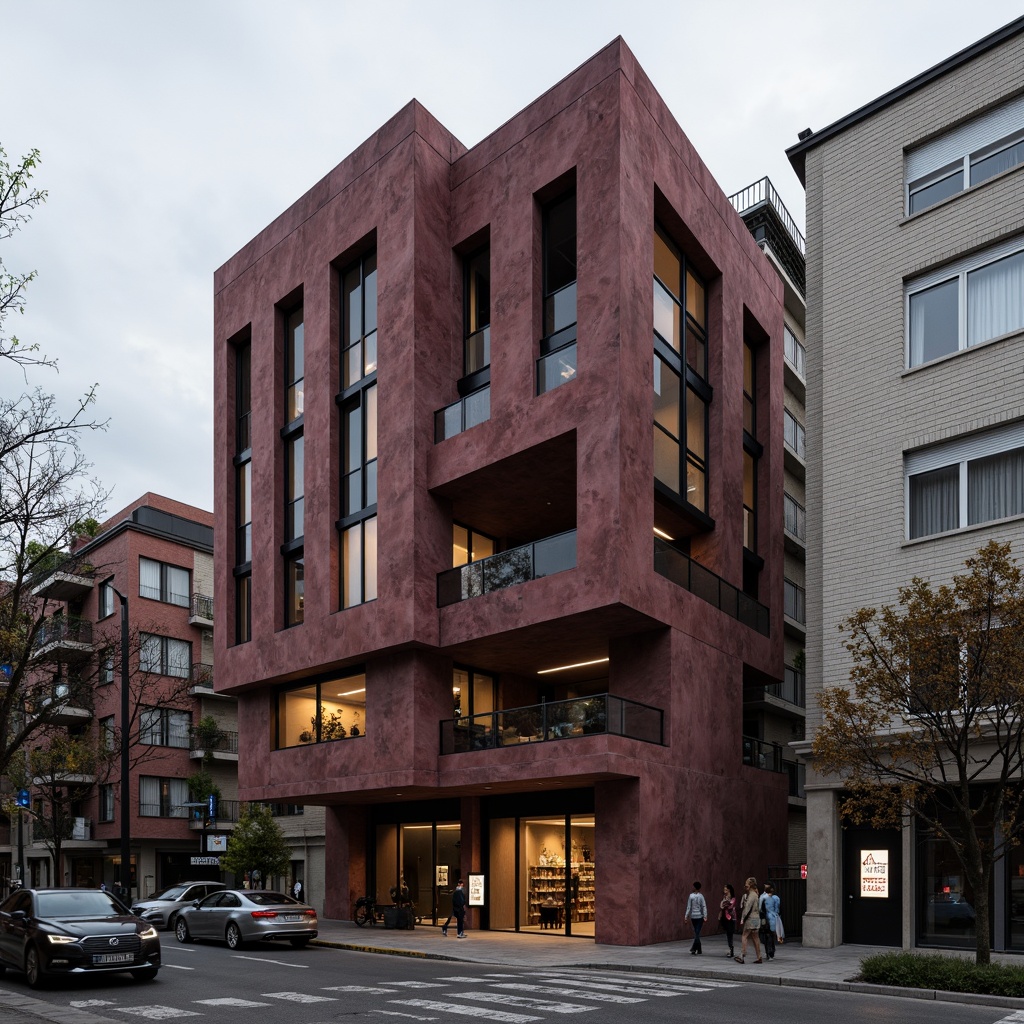 Prompt: Rugged brutalist building, maroon concrete walls, industrial metal accents, raw exposed ductwork, dramatic cantilevered roofs, asymmetrical fa\u00e7ade composition, urban cityscape backdrop, moody overcast sky, warm natural lighting, high-contrast shadows, 2/3 composition, Dutch angle shot, gritty realistic textures, ambient occlusion.