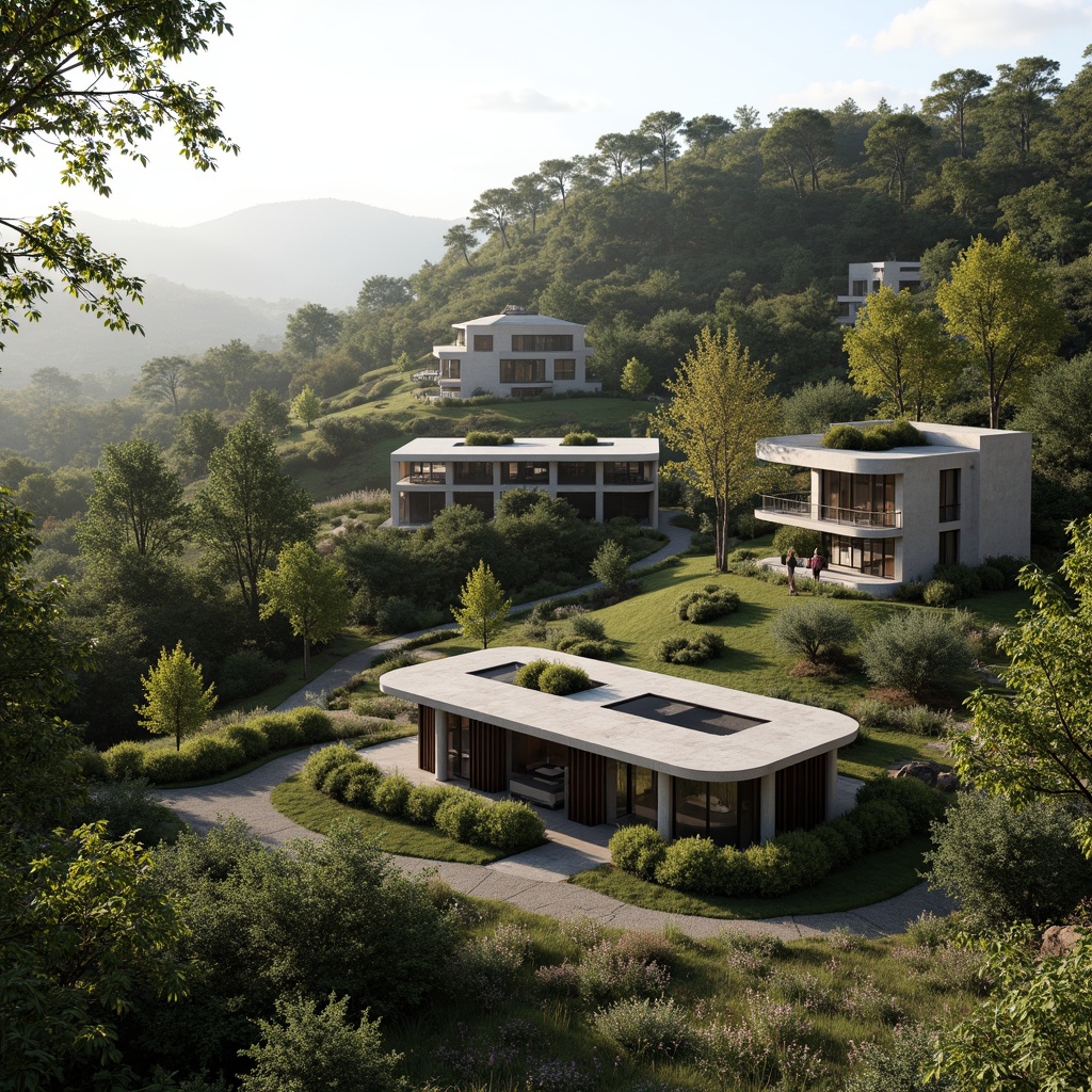 Prompt: Rustic hillside, lush vegetation, meandering pathways, modernist Bauhaus buildings, flat roofs, rectangular forms, clean lines, minimal ornamentation, functional simplicity, industrial materials, steel frames, large windows, sliding glass doors, open interior spaces, natural light, airy atmosphere, scenic vistas, panoramic views, 1/1 composition, high contrast lighting, dramatic shadows, abstract textures, subtle color palette.