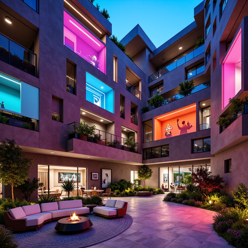 Prompt: Vibrant apartment complex, bold color blocking, contrasting textures, modernist fa\u00e7ade, angular balconies, cantilevered roofs, abstract art installations, neon light accents, monochromatic interior design, pastel-hued furniture, gradient-colored walls, geometric patterned rugs, futuristic ambiance, dramatic shadows, high-contrast lighting, 1/1 composition, close-up shots, moody atmospheric rendering.