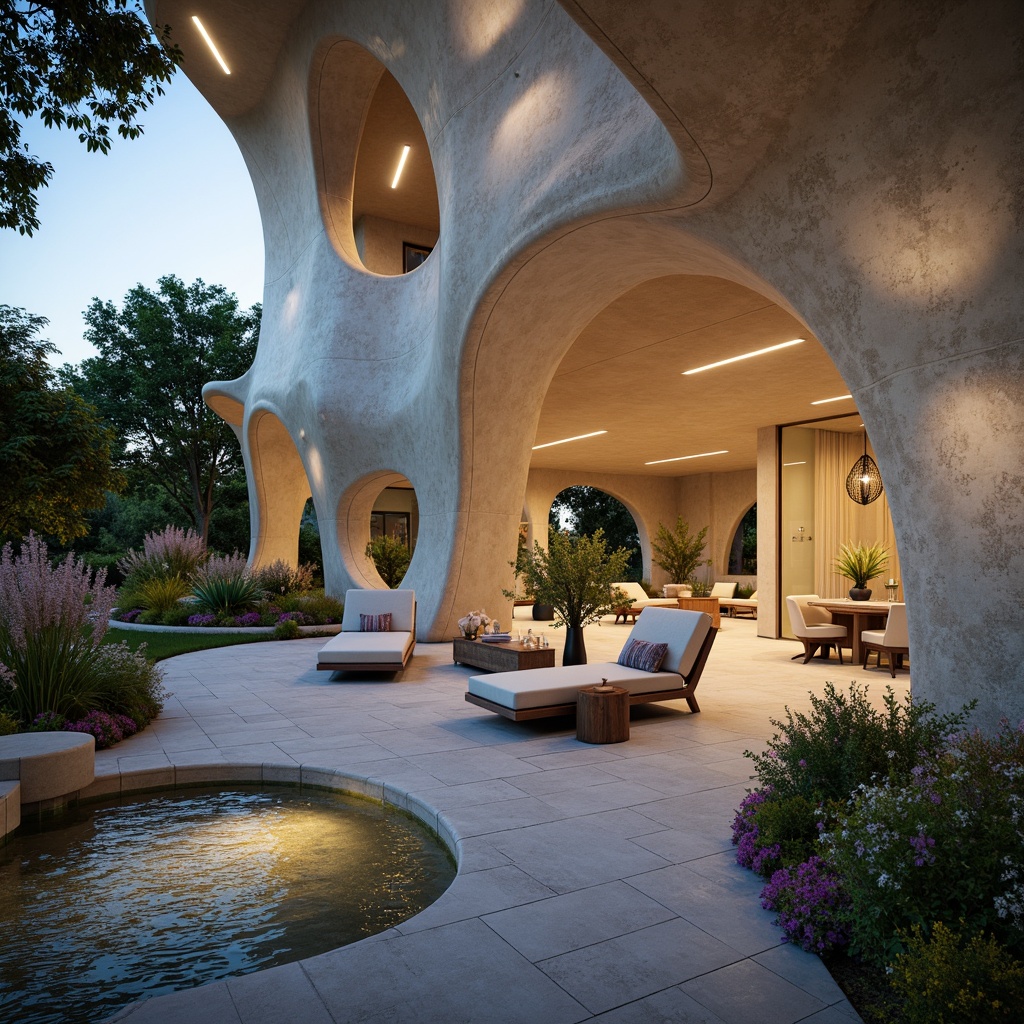 Prompt: Organic architecture, flowing curves, undulating walls, smooth rounded edges, futuristic aesthetic, iridescent colors, shimmering materials, luxurious interiors, velvety soft furnishings, minimalist decor, subtle ambient lighting, warm inviting atmosphere, serene natural surroundings, lush greenery, blooming flowers, gentle water features, peaceful ambiance, 1/1 composition, shallow depth of field, realistic textures, ambient occlusion.