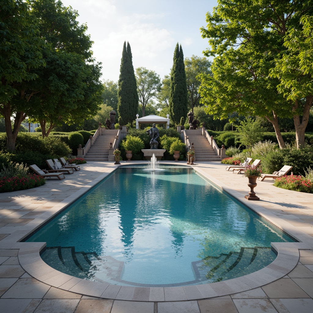 Prompt: Elegant swimming pool, symmetrical layout, ornate fountains, limestone copings, curved staircases, natural stone paving, lush greenery, blooming flowers, topiary trees, classic statues, bronze lanterns, soft warm lighting, shallow depth of field, 1/1 composition, serene atmosphere, realistic water effects, ambient occlusion.