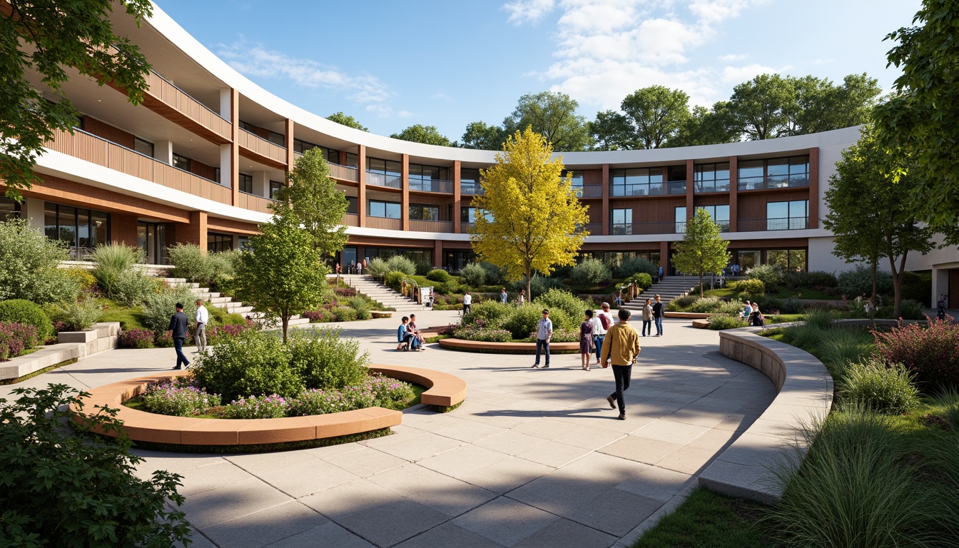 Prompt: Vibrant campus courtyard, lush greenery, blooming flowers, modern fusion architecture, curved lines, eclectic mix of materials, natural stone walls, wooden accents, glass railings, steel beams, open-air amphitheater, stepped seating, educational signage, dynamic water features, interactive art installations, sunny day, warm soft lighting, shallow depth of field, 3/4 composition, panoramic view, realistic textures, ambient occlusion.